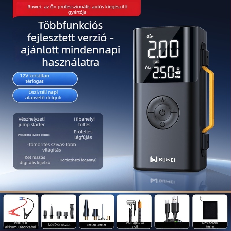 Buwei felfújható levegőpumpa és vészhelyzeti indító – mindent egyben energiaellátó egység elektromos gyújtással