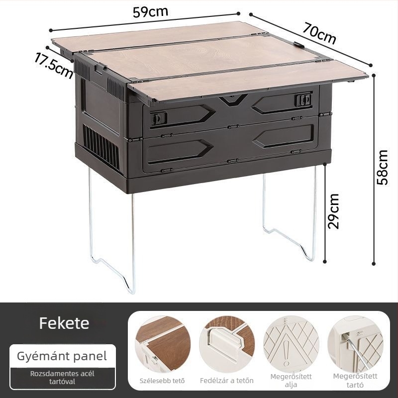 Kültéri kemping tároló doboz tartóval, piknikasztallal és autó csomagtartó rendezővel