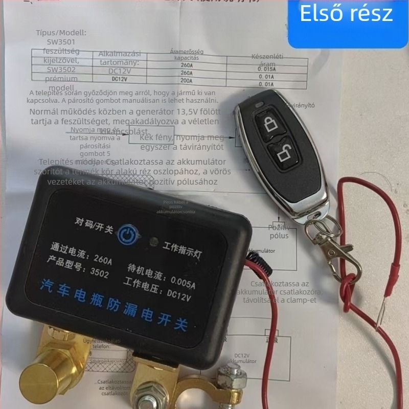 12V távirányítós főkapcsoló autóhoz automatikus kikapcsolással és intelligens szivárgásvédelmmel