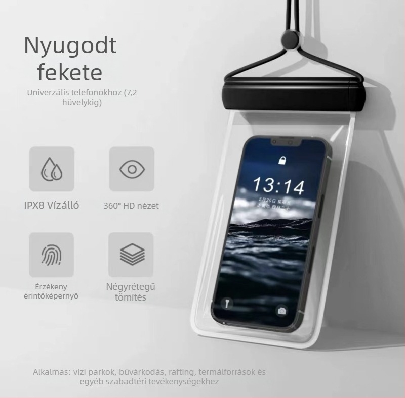 Érintőképernyős vízálló telefon tok, önzáró átlátszó tok a tengerpartra, búvárkodásra és raftingra