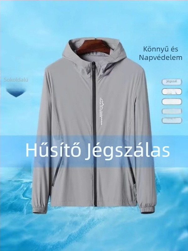 Férfi nyári kapucnis külső ruházat napvédelmet nyújtó, könnyű poliészter anyag, kültéri horgászathoz és szabadidőre, cipzáras zsebek, 3D mintázat