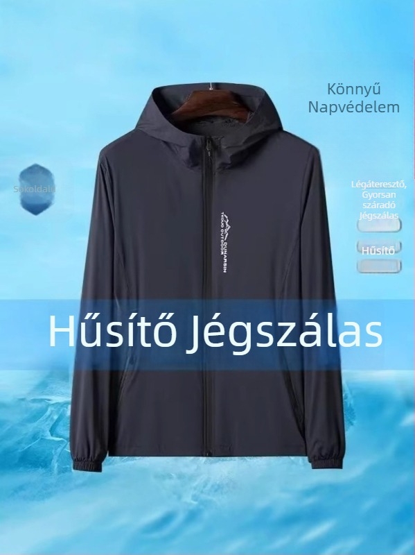 Férfi nyári kapucnis külső ruházat napvédelmet nyújtó, könnyű poliészter anyag, kültéri horgászathoz és szabadidőre, cipzáras zsebek, 3D mintázat