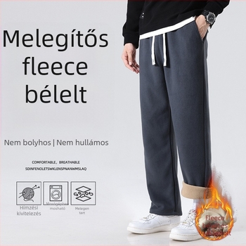 Férfi fleece-es sportnadrág egyenes szabású, középmagas derekú, öv és kötős zárás