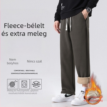 Férfi fleece-es sportnadrág egyenes szabású, középmagas derekú, öv és kötős zárás