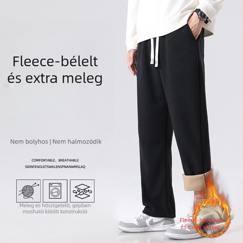 Férfi fleece-es sportnadrág egyenes szabású, középmagas derekú, öv és kötős zárás