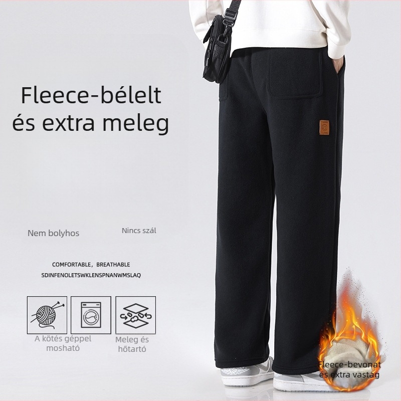Férfi fleece-es sportnadrág egyenes szabású, középmagas derekú, öv és kötős zárás