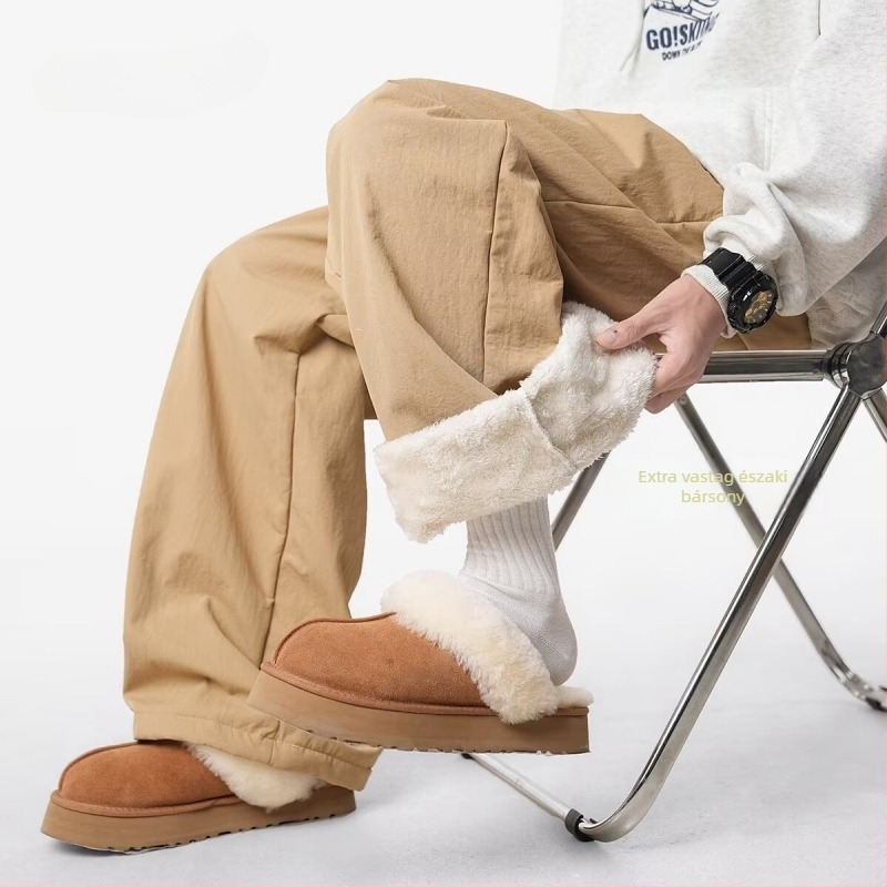 Téli japán stílusú laza szabású nadrág fleece béléssel, középmagasságú derekú, egyenes szár