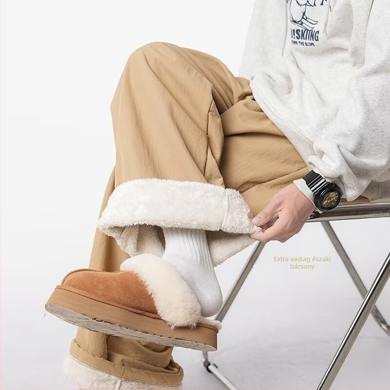 Téli japán stílusú laza szabású nadrág fleece béléssel, középmagasságú derekú, egyenes szár