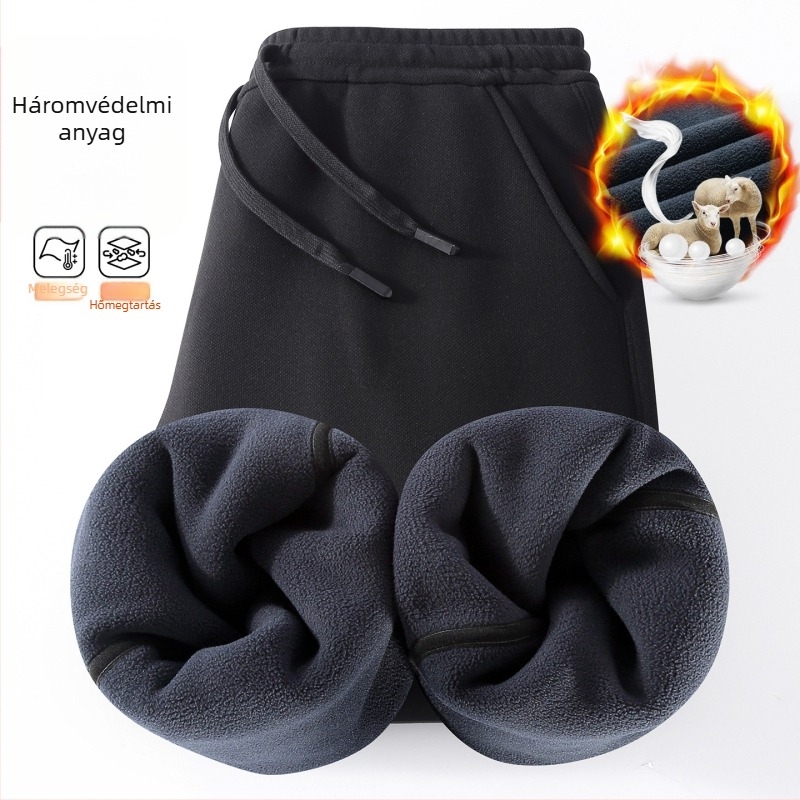 Férfi téli edző nadrág gyapjú-selyem keverékből, fleece béléssel, vastag, szélvédett, egyenes szabású