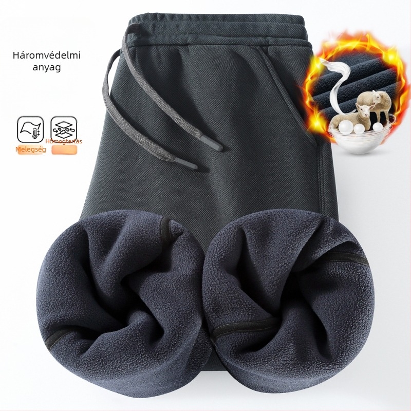 Férfi téli edző nadrág gyapjú-selyem keverékből, fleece béléssel, vastag, szélvédett, egyenes szabású