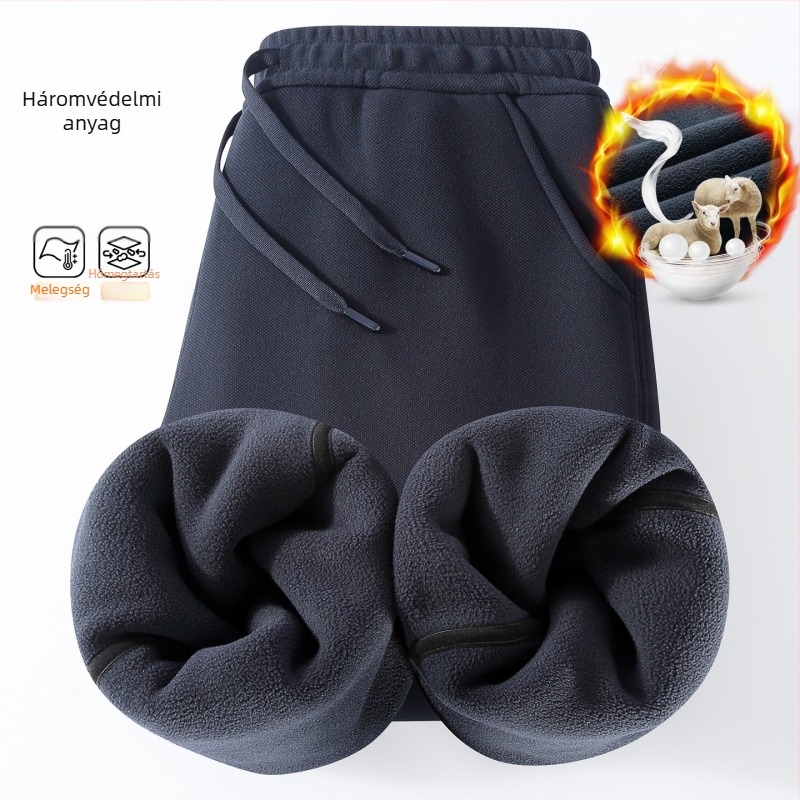 Férfi téli edző nadrág gyapjú-selyem keverékből, fleece béléssel, vastag, szélvédett, egyenes szabású