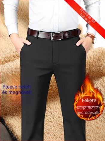 Férfi fleece-béléses üzleti nadrág, egyenes vágás, magas derekú, cipzár, poliészter anyag