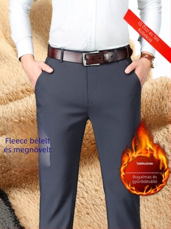 Férfi fleece-béléses üzleti nadrág, egyenes vágás, magas derekú, cipzár, poliészter anyag
