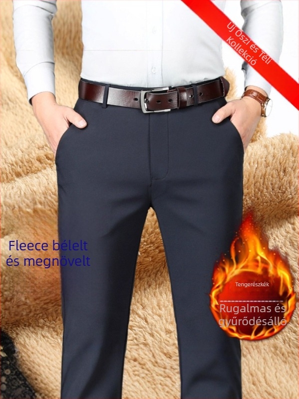 Férfi fleece-béléses üzleti nadrág, egyenes vágás, magas derekú, cipzár, poliészter anyag
