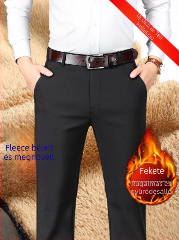 Férfi fleece-béléses üzleti nadrág, egyenes vágás, magas derekú, cipzár, poliészter anyag