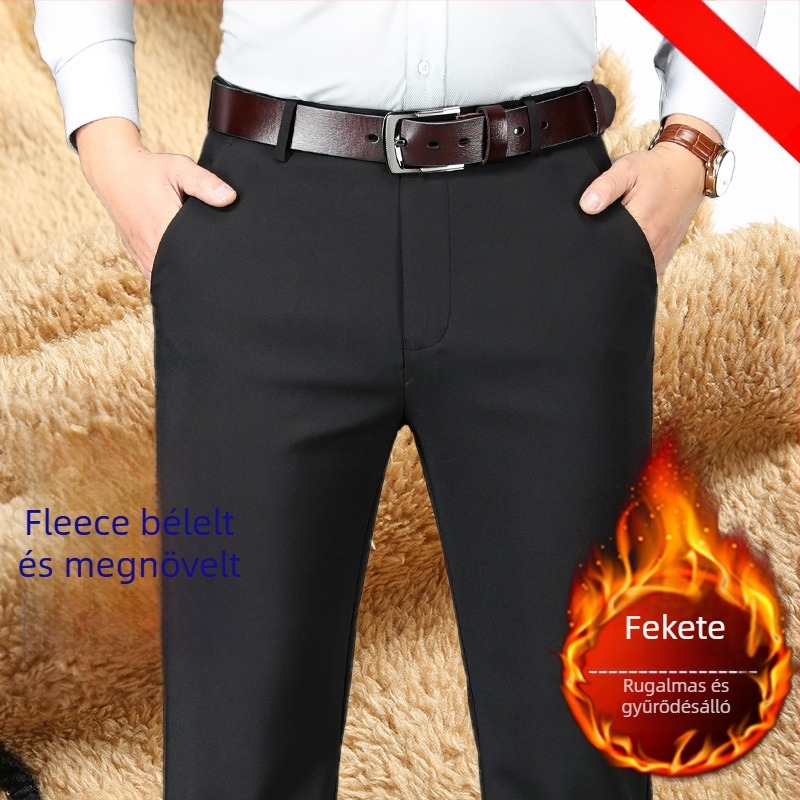 Férfi fleece-béléses üzleti nadrág, egyenes vágás, magas derekú, cipzár, poliészter anyag