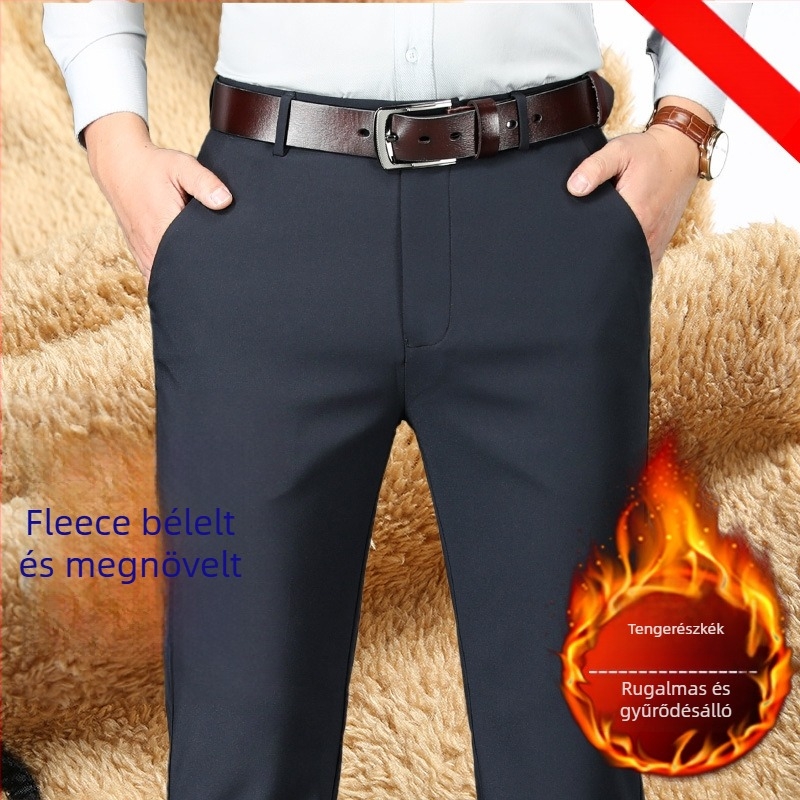 Férfi fleece-béléses üzleti nadrág, egyenes vágás, magas derekú, cipzár, poliészter anyag