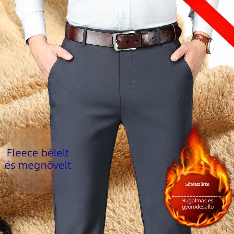 Férfi fleece-béléses üzleti nadrág, egyenes vágás, magas derekú, cipzár, poliészter anyag