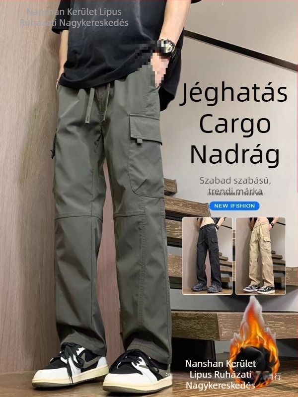 Téli fiatalok pamut munkás nadrág, egyenes szabás, derékban húzózsinór, fleece bélés