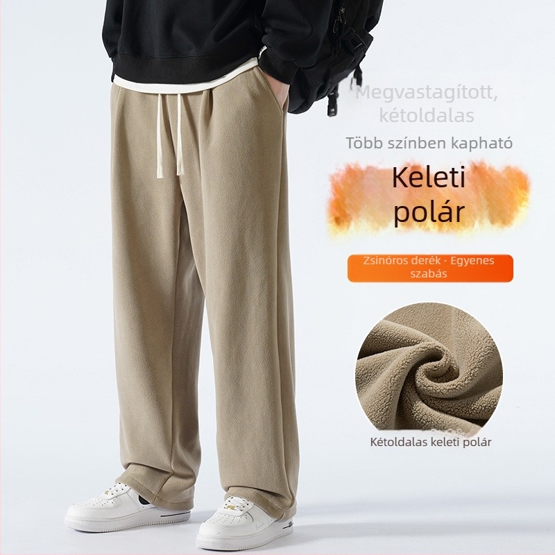 Téli férfi edző nadrág kettős oldalú fleece-béléssel, laza szabású, vastag és meleg