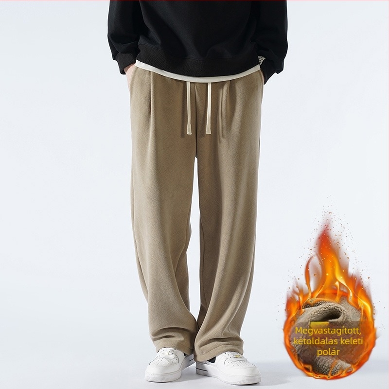 Téli férfi edző nadrág kettős oldalú fleece-béléssel, laza szabású, vastag és meleg