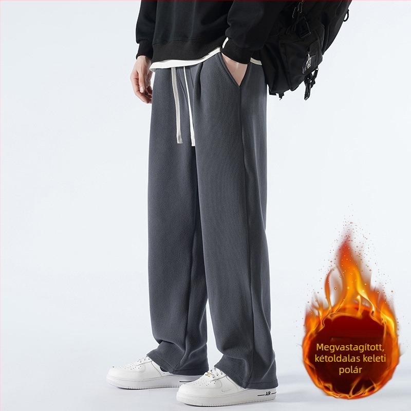 Téli férfi edző nadrág kettős oldalú fleece-béléssel, laza szabású, vastag és meleg