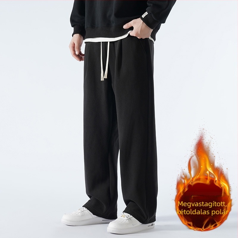 Téli férfi edző nadrág kettős oldalú fleece-béléssel, laza szabású, vastag és meleg