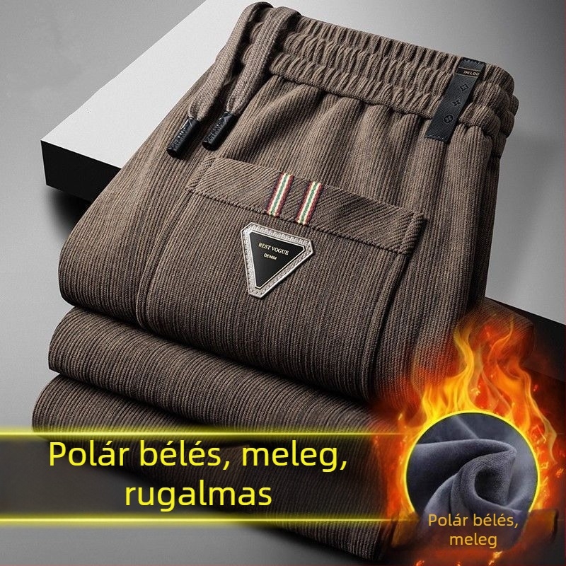 Mikroelasztikus corduroy férfi nadrág fleece béléssel, egyenes szabás, kötőzáras zárás, téli
