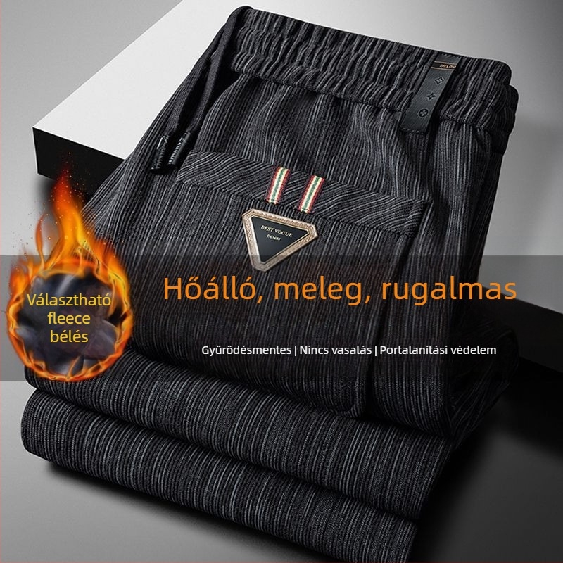 Mikroelasztikus corduroy férfi nadrág fleece béléssel, egyenes szabás, kötőzáras zárás, téli