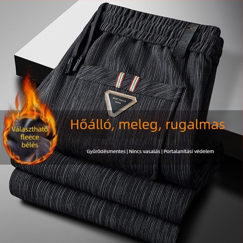 Mikroelasztikus corduroy férfi nadrág fleece béléssel, egyenes szabás, kötőzáras zárás, téli