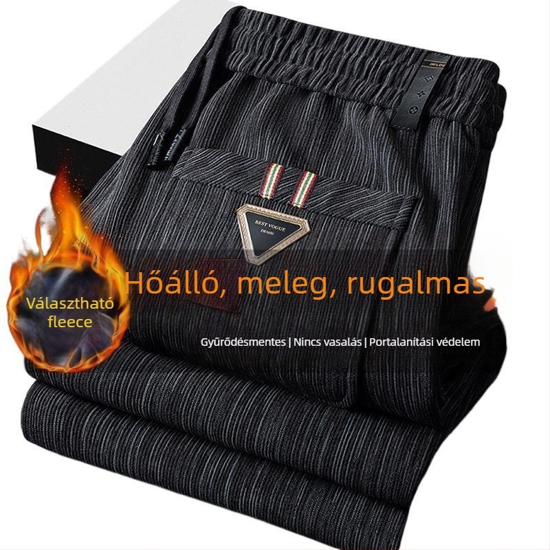 Mikroelasztikus corduroy férfi nadrág fleece béléssel, egyenes szabás, kötőzáras zárás, téli