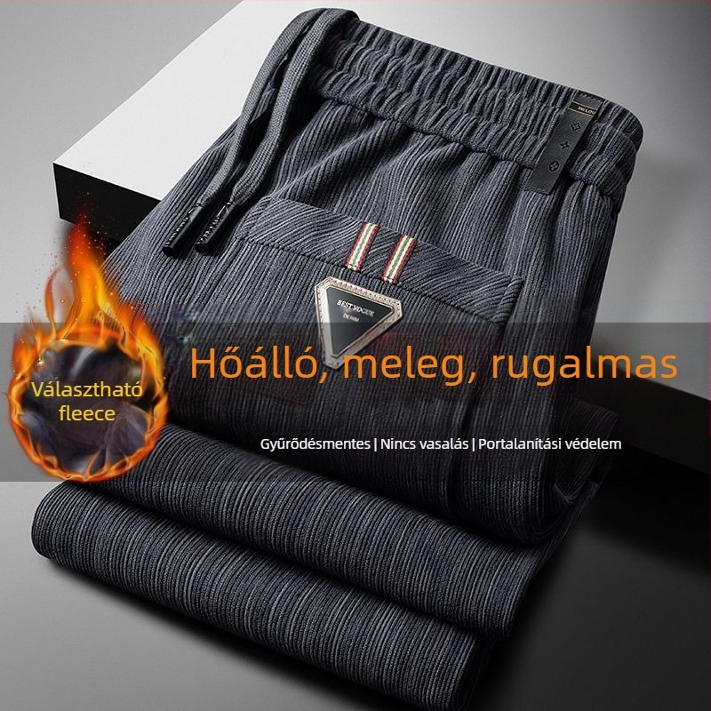 Mikroelasztikus corduroy férfi nadrág fleece béléssel, egyenes szabás, kötőzáras zárás, téli