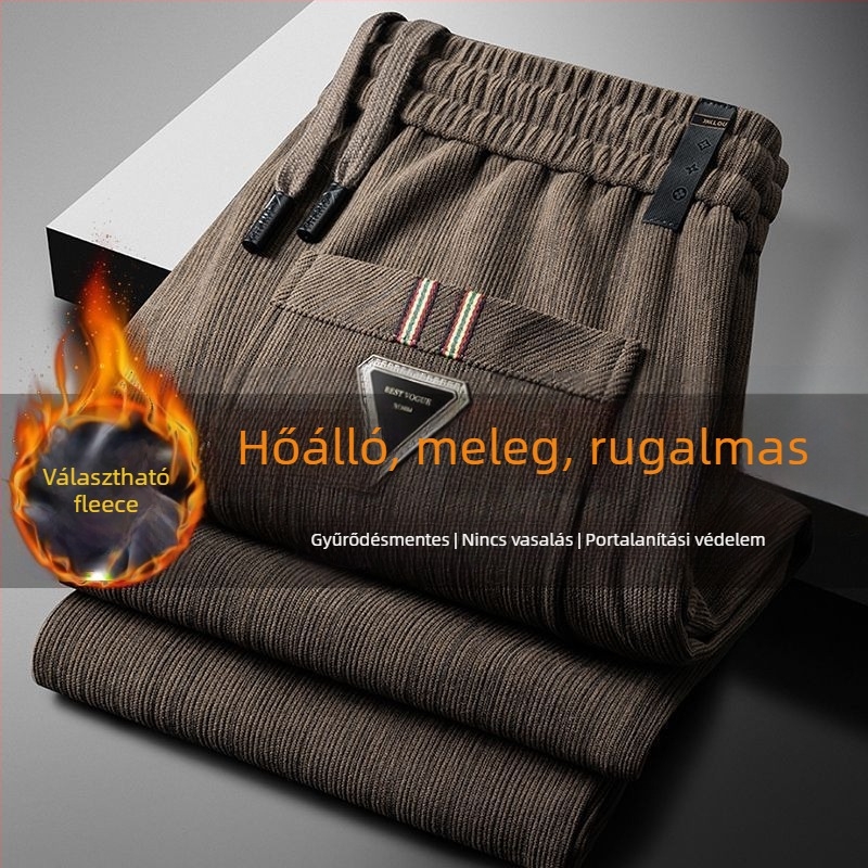 Mikroelasztikus corduroy férfi nadrág fleece béléssel, egyenes szabás, kötőzáras zárás, téli