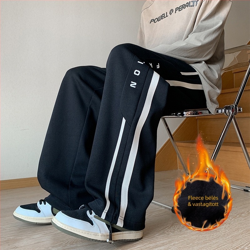 Férfiaknak lazító sportnadrág fleece-béléssel, szürke, széles szárú, mindennapi viselet tinédzsereknek