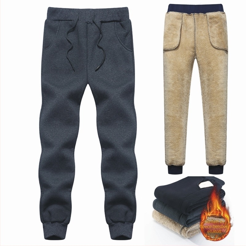 Férfi pamutból készült sport-nadrág fleece-béléssel, vastag téli modell, egyenes szabású, derékon húzózsinórral