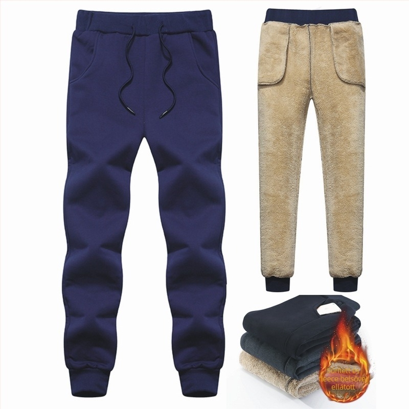 Férfi pamutból készült sport-nadrág fleece-béléssel, vastag téli modell, egyenes szabású, derékon húzózsinórral