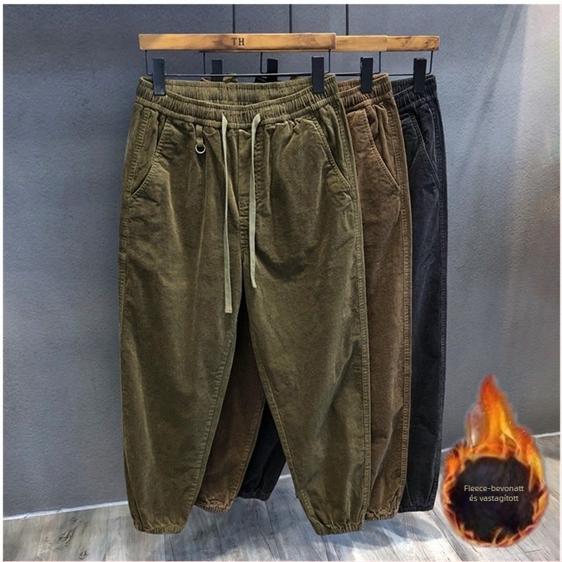 Férfi corduroy jogger nadrág fleece béléssel, laza szabás, középmagas derék, kötőzsinóros zárás, tavasz–ősz, casual cargo