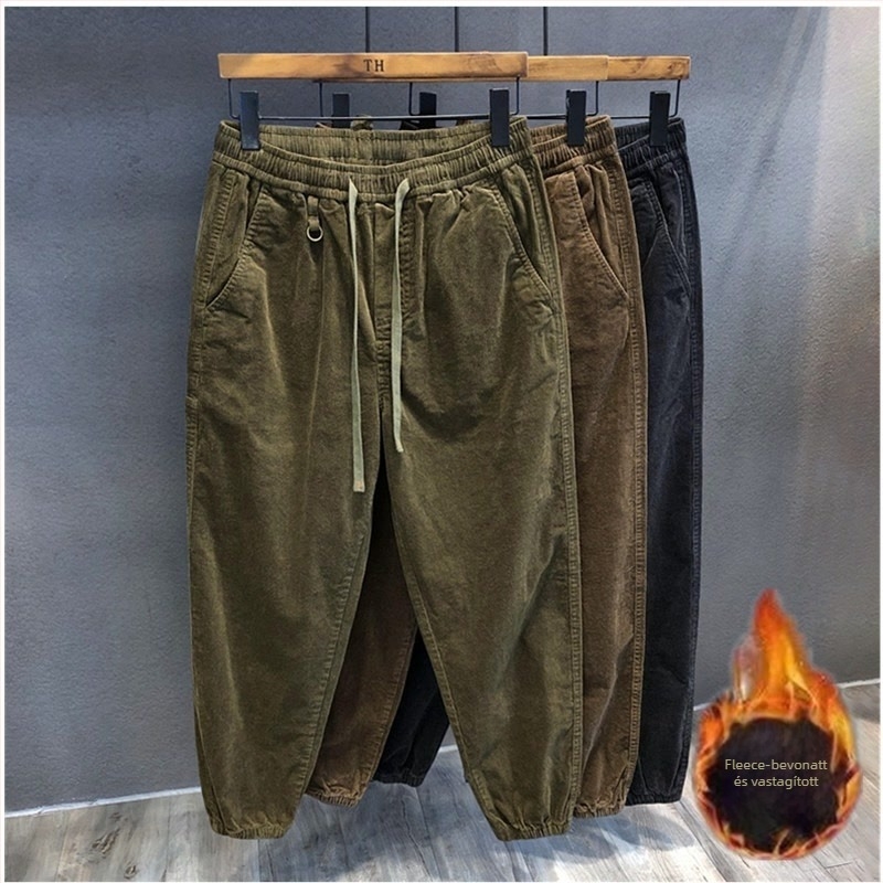 Férfi corduroy jogger nadrág fleece béléssel, laza szabás, középmagas derék, kötőzsinóros zárás, tavasz–ősz, casual cargo