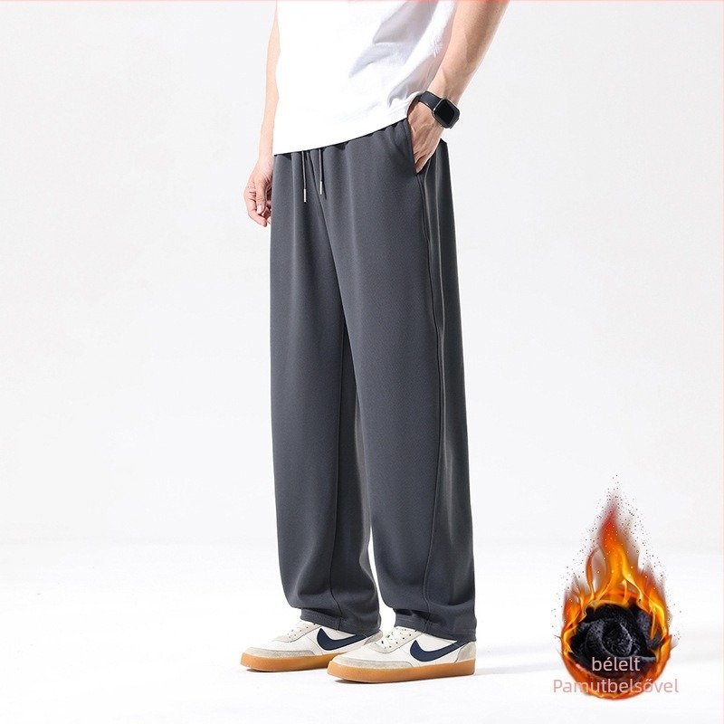 Fleece-szel bélelt sportnadrág férfiaknak, középső derekú, egyenes szabású, kötőzárral záródó