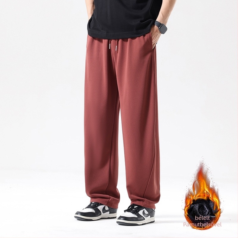 Fleece-szel bélelt sportnadrág férfiaknak, középső derekú, egyenes szabású, kötőzárral záródó