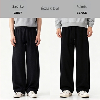 Fekete férfi téli kötött sportos nadrág fleece béléssel, egyenes szabású