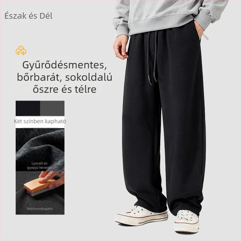 Fekete férfi téli kötött sportos nadrág fleece béléssel, egyenes szabású