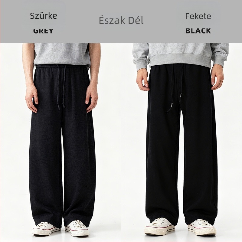 Fekete férfi téli kötött sportos nadrág fleece béléssel, egyenes szabású