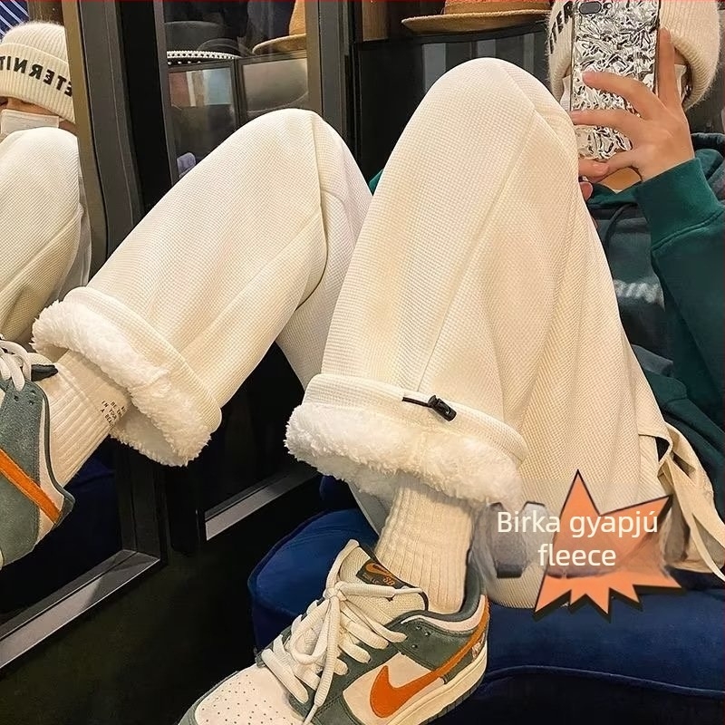 Férfi téli sportnadrág waffle mintázatú Sherpa béléssel, laza szabású, magas derék, vastag, széles láb