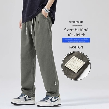 Férfi laza mindennapi nadrágok, középmagas derekú, egyenes szabású, fleece bélés, Lycra anyag