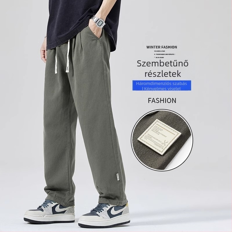 Férfi laza mindennapi nadrágok, középmagas derekú, egyenes szabású, fleece bélés, Lycra anyag