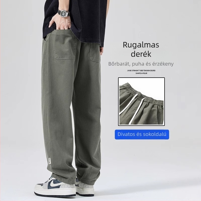 Férfi laza mindennapi nadrágok, középmagas derekú, egyenes szabású, fleece bélés, Lycra anyag