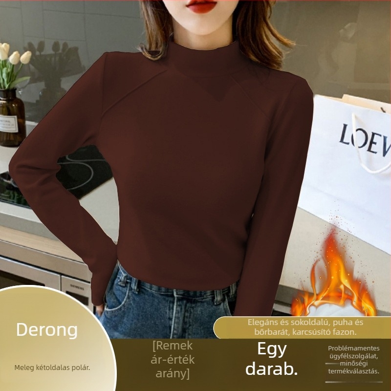 Női fleece-szövetes hosszú ujjú felső félmagas gallérral, őszi-téli, elegáns mindennapi viselet, laza-szűk szabás, geometriai mintázat, alap top, Derong anyag.