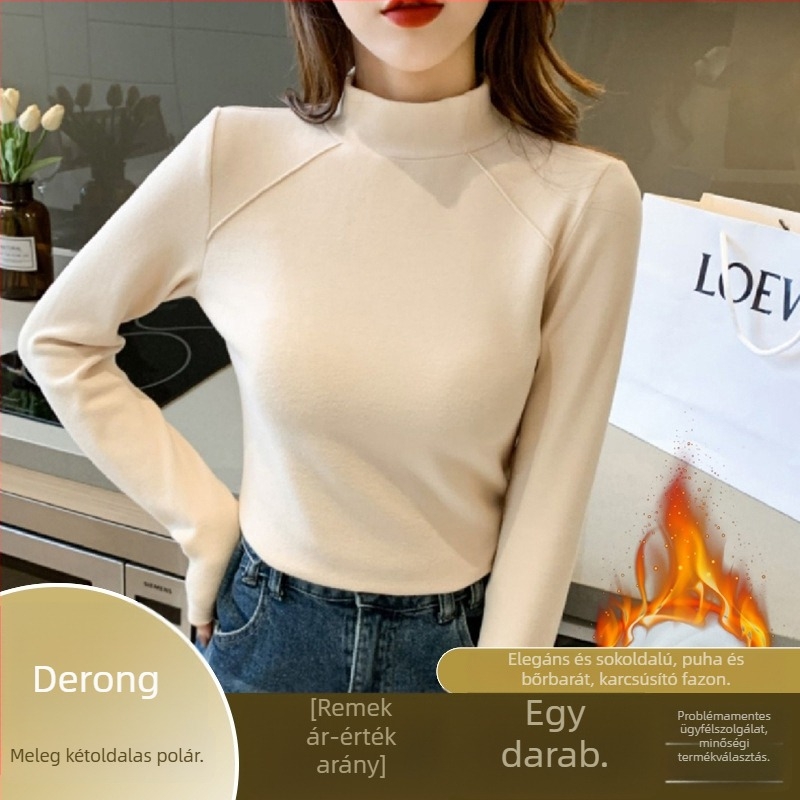 Női fleece-szövetes hosszú ujjú felső félmagas gallérral, őszi-téli, elegáns mindennapi viselet, laza-szűk szabás, geometriai mintázat, alap top, Derong anyag.