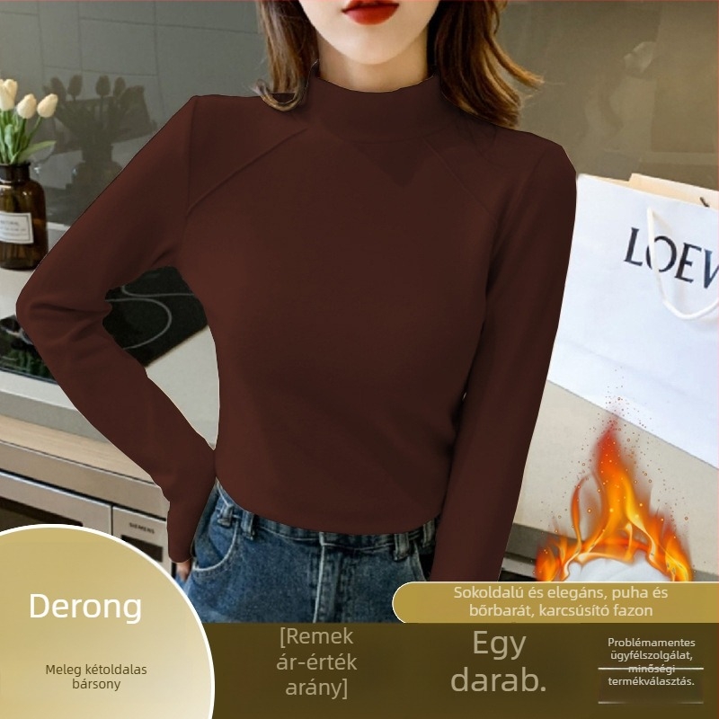 Női fleece-szövetes hosszú ujjú felső félmagas gallérral, őszi-téli, elegáns mindennapi viselet, laza-szűk szabás, geometriai mintázat, alap top, Derong anyag.